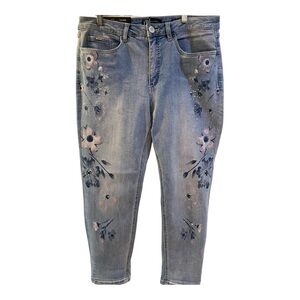 New French Dressing Boho Straight Jeans Size 14 Light Blue Pink/ Blue Floral